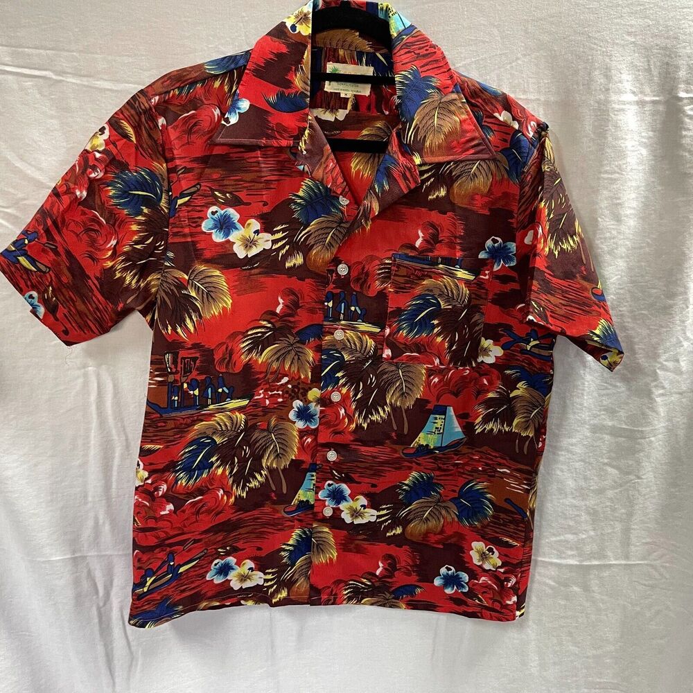 Waikiki Ts Hawaiian Aloha Shirt Colorful Red Blue Size Medium Mens